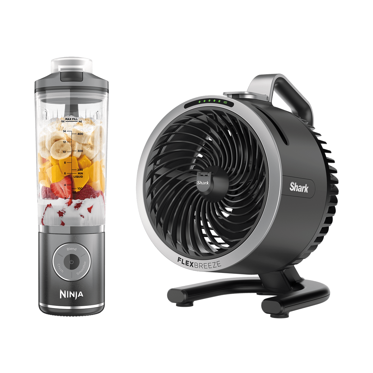 Pack Blender portable sans fil Ninja Blast Max 700 ml Gris et Ventilateur portable avec brume Shark FlexBreeze HydroGo Gris