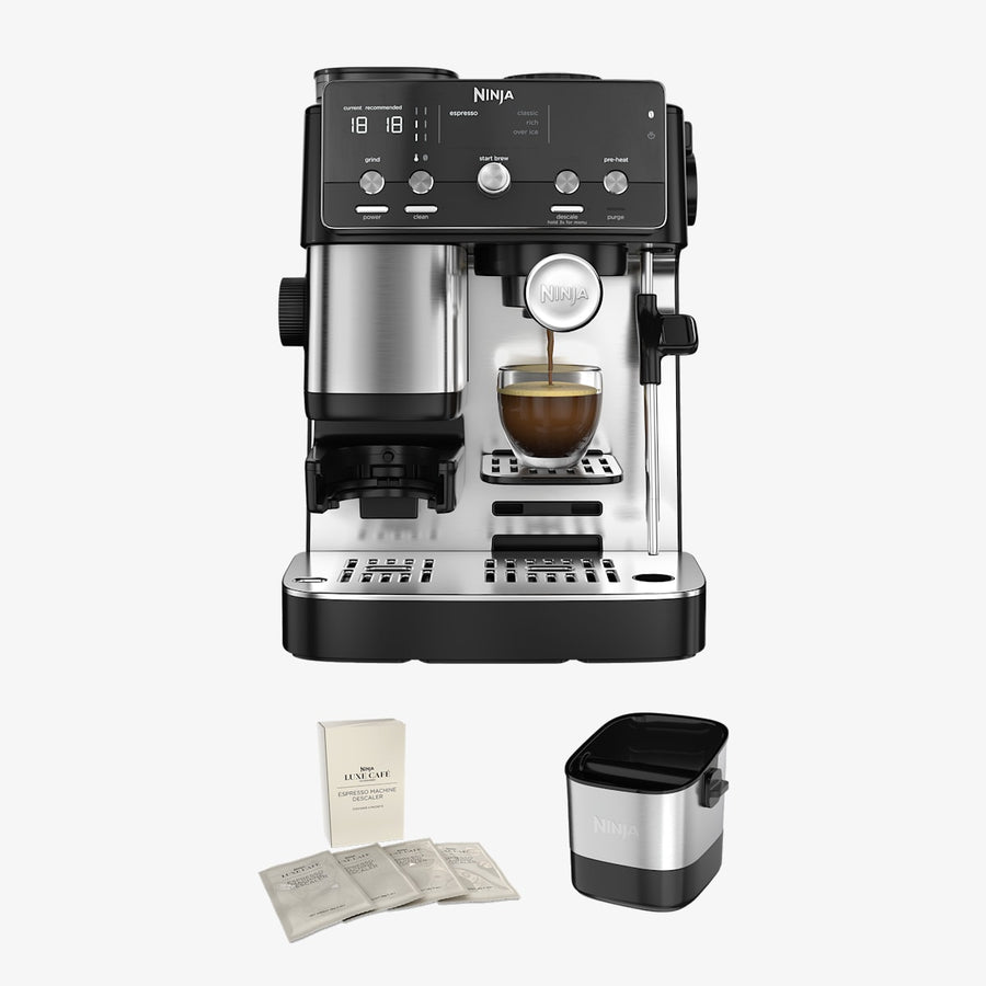 Pack Machine A Expresso Ninja Luxe Cafe Mini Noir Avec Solution Detartrante Et Boite A Marc