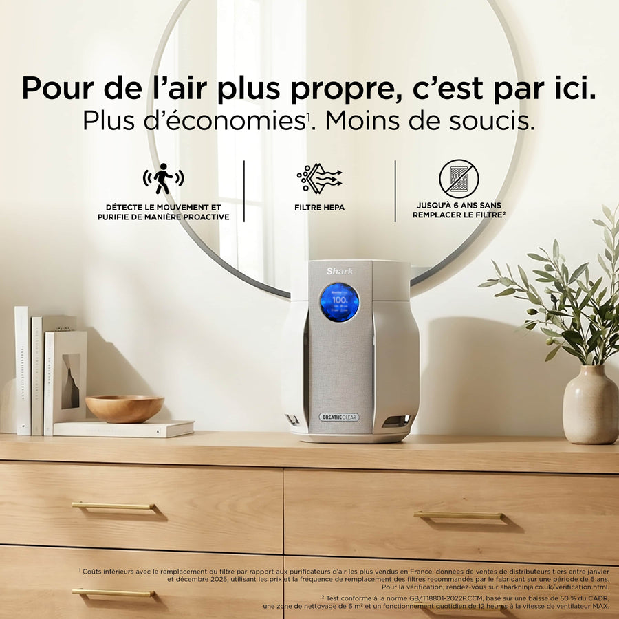 Purificateur d'air Shark BreatheClear Compact avec NeverChange6, jusqu'à 28 m² - Beige