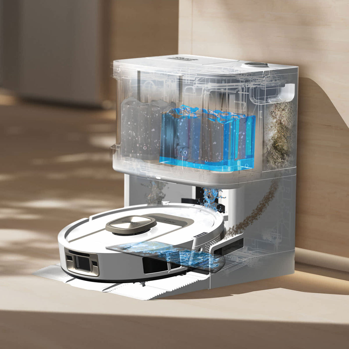 Robot aspirateur et laveur Shark ThermaCharged PowerDetect avec séchage à chaud – Blanc